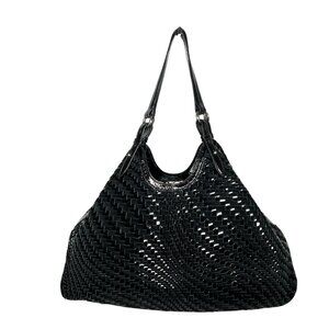 Cole Haan Genevieve Woven Triangle Black Patent Suede Black Tote Shoulder Bag